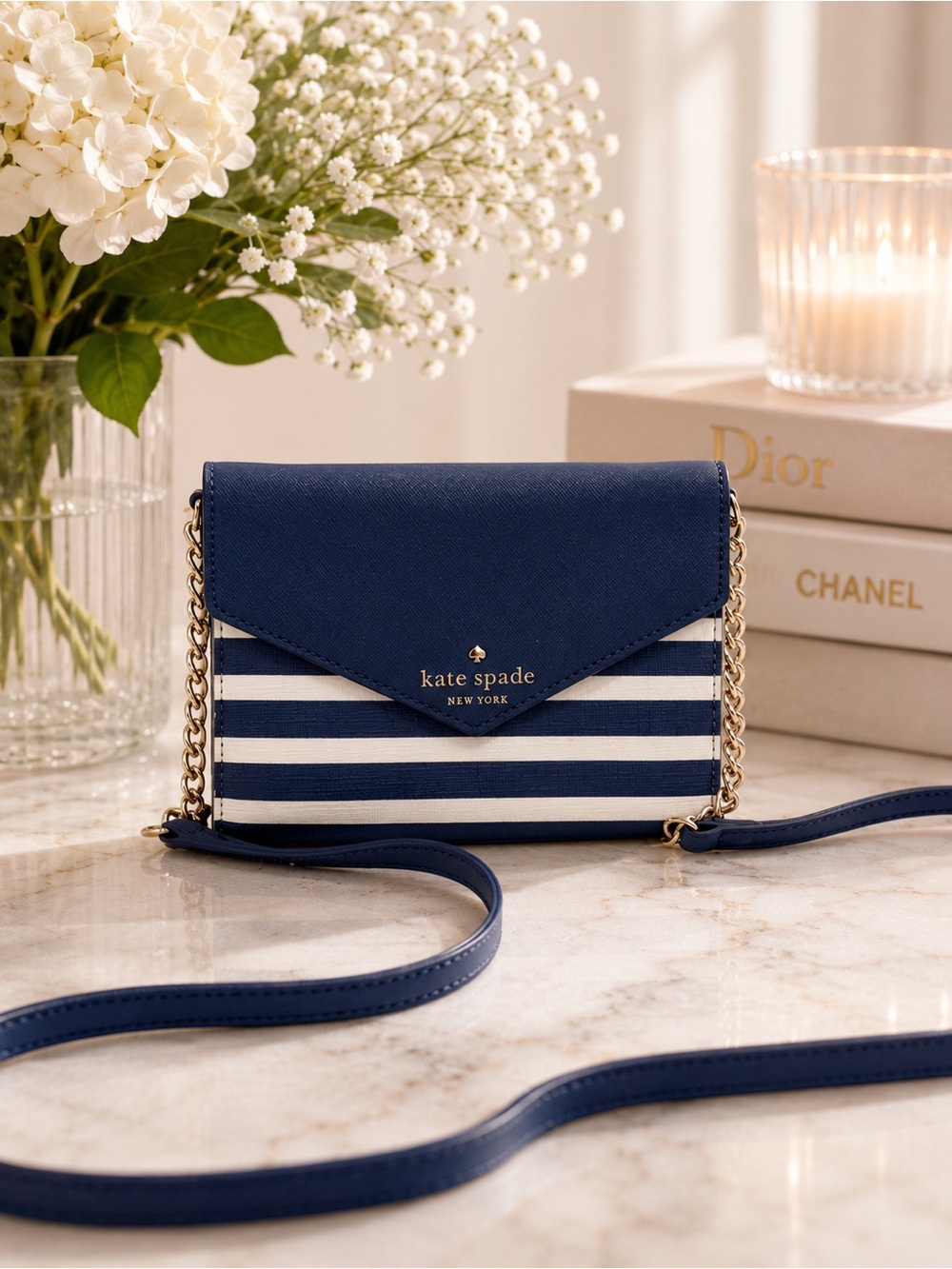 Kate Spade Blue Crossbody Striped White Summer Purse Leather EUC